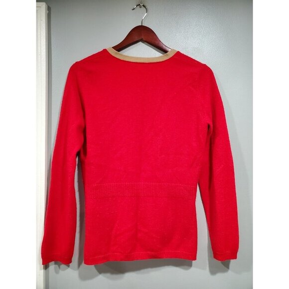 Magaschoni Women’s Cashmere Red Button Down Cardigan Sweater Tan Trim Sz M - Picture 3 of 15